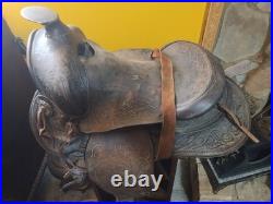 Vintage Tooled Leather Western Saddle Floral Design/ Hat/ Boots/Horns