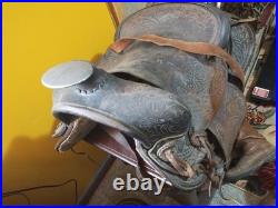 Vintage Tooled Leather Western Saddle Floral Design/ Hat/ Boots/Horns