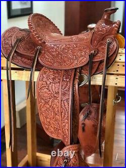 Visalia Style Saddle Full Mixed Floral Carved, Tapaderos New