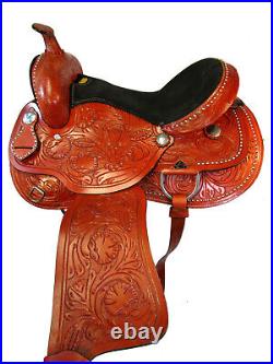 WESTERN HORSE SADDLE FULLY ENGRAVED TOOLED LEATHER BARREL RACING TACK 15 16 17in