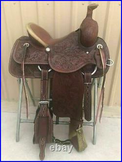 WILDRACE Western Dark brown Leather Hand carved Roper Ranch Saddle 14 To 18