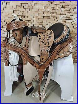 Western Barrel Racing Trail Horse Saddle Tack Premium Leather Tooled Size 10-17