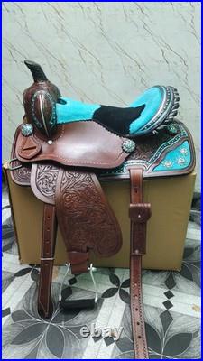 Western Barrel Saddle Dark Brown Turquoise Black Suede Seat Hand Tooled New
