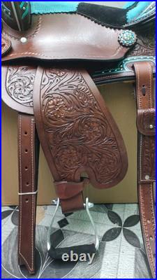 Western Barrel Saddle Dark Brown Turquoise Black Suede Seat Hand Tooled New