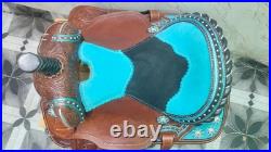 Western Barrel Saddle Dark Brown Turquoise Black Suede Seat Hand Tooled New