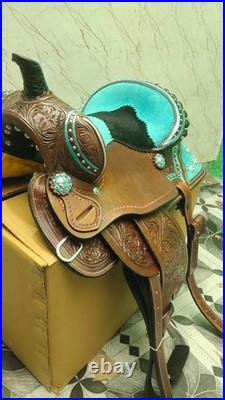 Western Barrel Saddle Dark Brown Turquoise Black Suede Seat Hand Tooled New