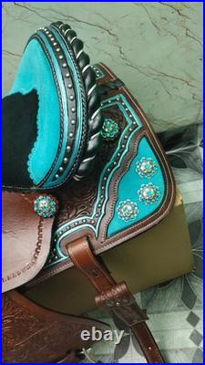 Western Barrel Saddle Dark Brown Turquoise Black Suede Seat Hand Tooled New