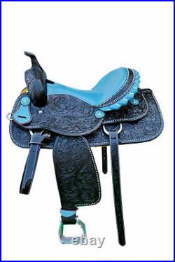 Western Black Leather Hand Carved Barrel Racer Saddle 15 Blue Gator Seat