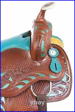 Western Blue Show Barrel Racing Crystal Leather Horse Saddle Trail Pleasure Set