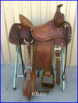 Western Brown Leather Hand Carved Roper Ranch Horse Saddle Tack Set 14 to 18