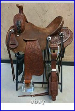 Western Brown Leather Hand Carved Roper Ranch Saddle /Leather Strings 295 19