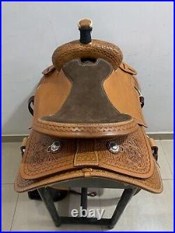 Western Brown Leather Hand Tooled & Carved Roping Ranch Saddle 15,16,17,18