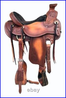 Western Brown Oil Treated Hand Carved Roper Wade Saddle with Strings 15,16,17