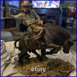 Western Cowboy On Bucking Bull Vintage Resin Beautiful 14 Tall