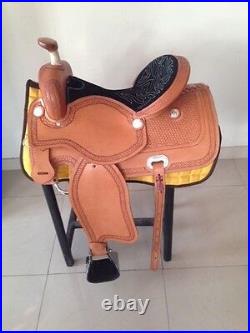 Western Cowhide Natural Ranch Roper Hand Carved With Black Suede Seat 17 Saddle