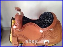 Western Cowhide Natural Ranch Roper Hand Carved With Black Suede Seat 17 Saddle