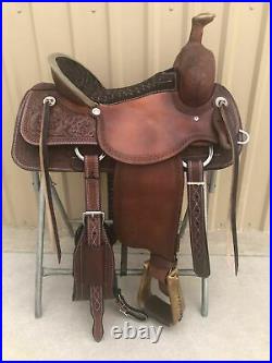 Western D brown Leather Hand carved Roper Ranch Saddle