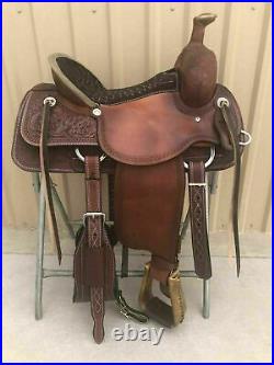 Western D brown Leather Hand carved Roper Ranch Saddle 10 18