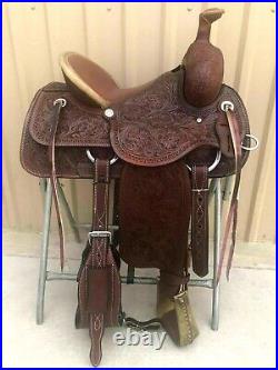 Western Dark Brown Leather Hand Carved Roper Ranch Saddle Size (13 To 18) Inch