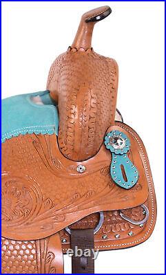 Western Horse Saddle Custom Leather Barrel Racing Show Youth Blue Tack Set 14 in