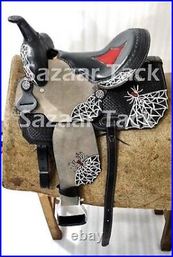 Western Kids Youth Adult Barrel Leather Saddle for Horse Riding 10 to 18 Black