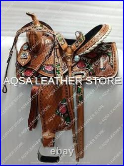 Western Leather Barrel Hand Painted Saddle With Free Headstall Breast Collar
