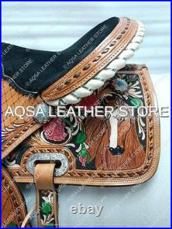 Western Leather Barrel Hand Painted Saddle With Free Headstall Breast Collar