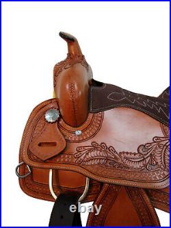 Western Leather Barrel Horse Pleasure Trail Saddle Tooled Tack Set Latigo Reins