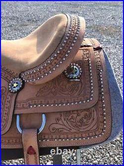 Western Leather Barrel Saddle Silver beads and conchos Horse Tack Set 15 16 17