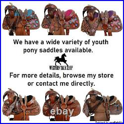 Western Leather Roughout Kids Youth Mini Pony Saddle Floral Tooled Carved Tack