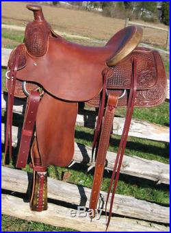Western Mahagony Leather Roper Ranch Hand Tooled and Carved 16 Saddle