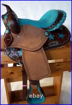 Western Mini Pony Barrel Saddle 10 12- Teal/ Pink Seats Tan 1/2 R. Out Floral