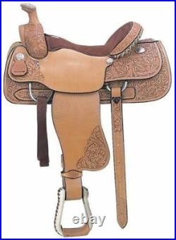 Western Natural Leather Hand Carved Roper Ranch Saddle With Rawhide Cantle