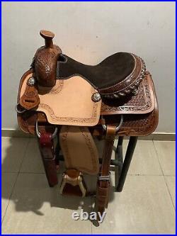 Western Natural Leather Hand Carved Roping Ranch Saddle With Suede Seat 1516