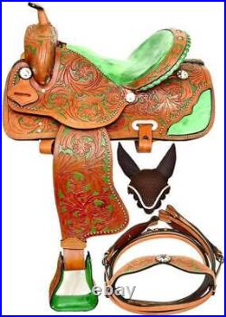 Western Pleasure Trail Premium Leather Horse Saddle With Green Seat 10 to18