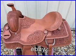 Western Ranch Saddle 14-17 Adult Hard Seat Floral Tooled Natural Oiled