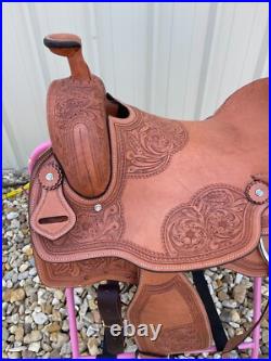Western Ranch Saddle 14-17 Adult Hard Seat Floral Tooled Natural Oiled