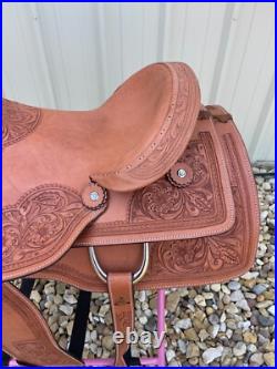 Western Ranch Saddle 14-17 Adult Hard Seat Floral Tooled Natural Oiled