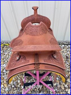 Western Ranch Saddle 14-17 Adult Hard Seat Floral Tooled Natural Oiled