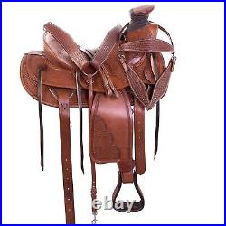 Western Roping Hand Tooled Leather Horse Saddle Hard Seat Tack Set Size10-18.5
