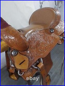 Western Saddle With Oastrich Laether Seat On Tan Brown Carbin Leather Size 14 15