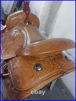 Western Saddle With Oastrich Laether Seat On Tan Brown Carbin Leather Size 14 15