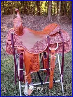 Western Tan Leather Hand Carved Roper Ranch with Leather Strings 15,16, 17