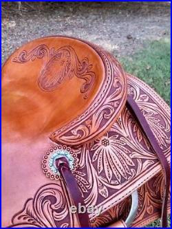 Western Tan Leather Hand Carved Roper Ranch with Leather Strings 15,16, 17