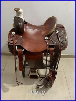 Western Tan Leather Hand Carved Roping Ranch Saddle 15, 16 17 18