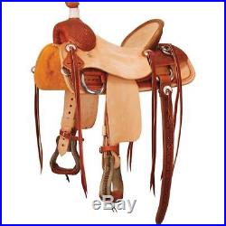Western Tan & Natural Leather Hand Tooled Roping Ranch Saddle with Strings 15