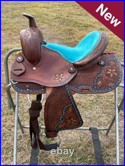 Western Turquoise Youth-Kids Barrel Saddle With Floral Tooled Premium Quality