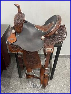 Western Two Tone Leather Hand Carved Barrel Saddle With Buckstitch 14,16,17