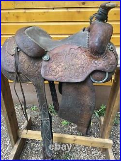 Western roping saddle, used, flaws, see pics for measurements & condition