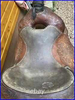 Western roping saddle, used, flaws, see pics for measurements & condition